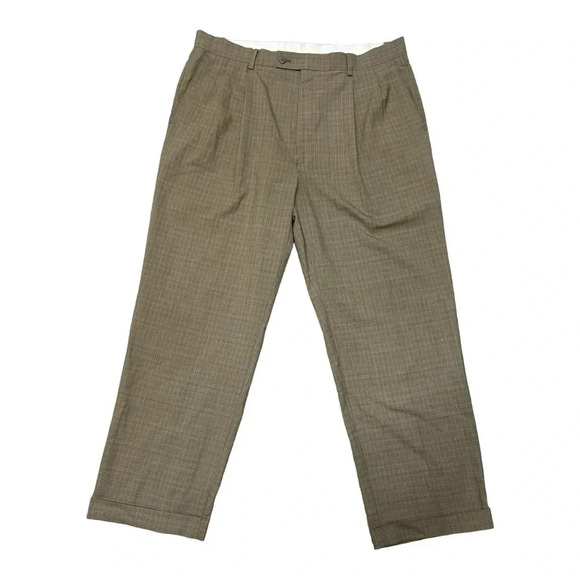 Louis Raphael Men’s Tailored Brown‎ Plaid w Pleats Pants 38x30 - Picture 1 of 16